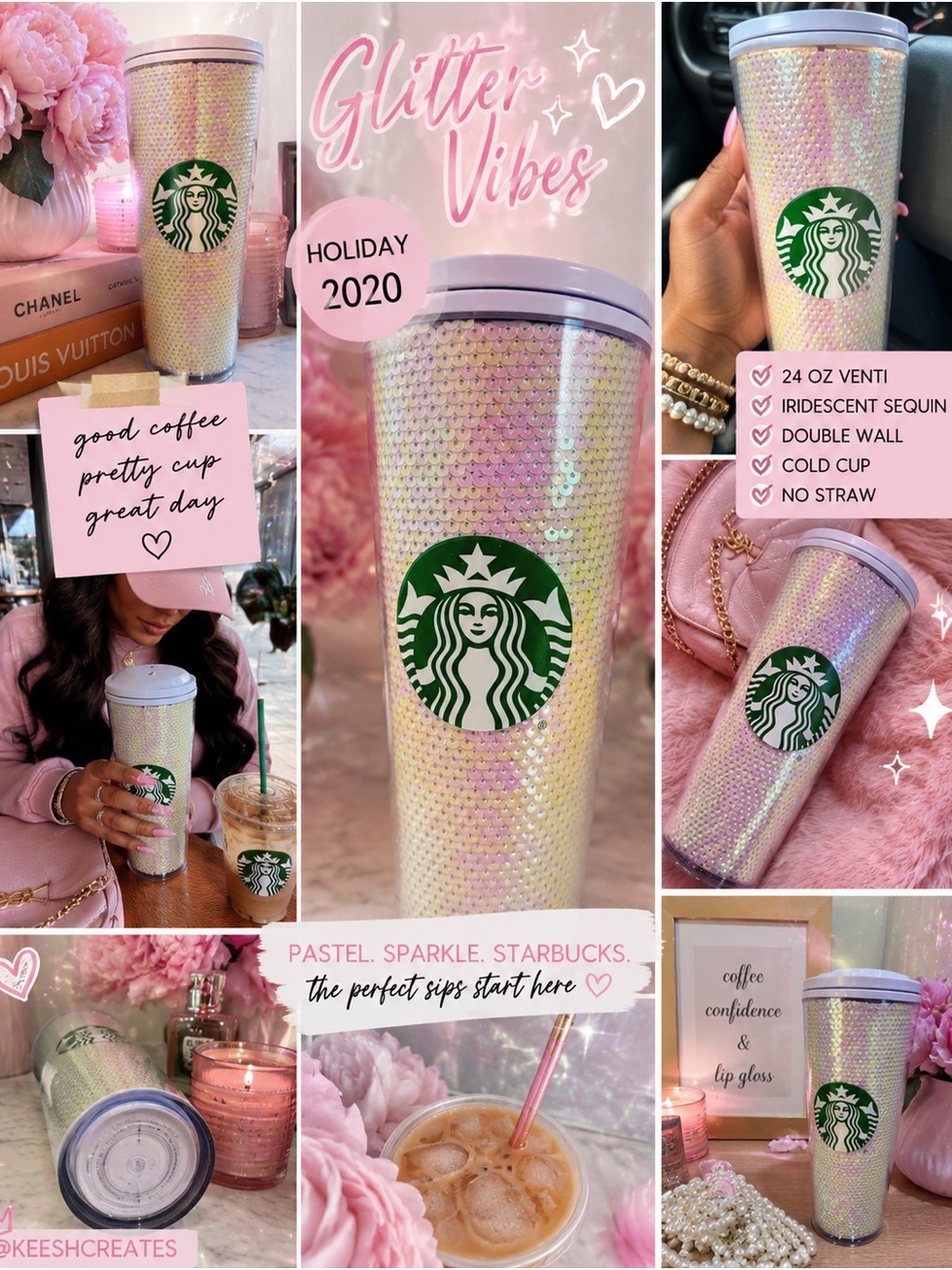 Starbucks Holiday 2020 White Iridescent Sequin Tumbler 24oz Cold Cup No Straw